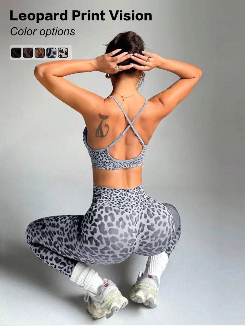 Women'S Leopard Print Two-Piece Set, Sporty Suit, Adjustable Straps Backless Top + High Waist Tight Bottoms, Sporty Yoga Fitness