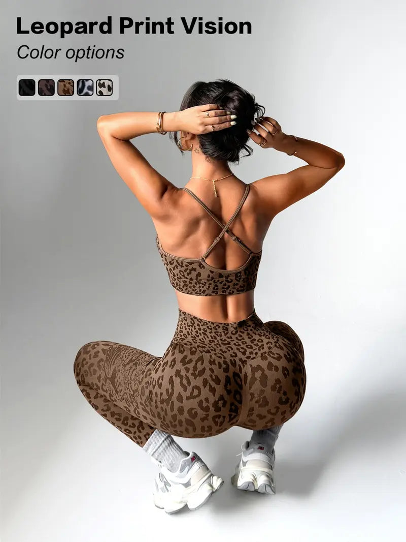 Women'S Leopard Print Two-Piece Set, Sporty Suit, Adjustable Straps Backless Top + High Waist Tight Bottoms, Sporty Yoga Fitness