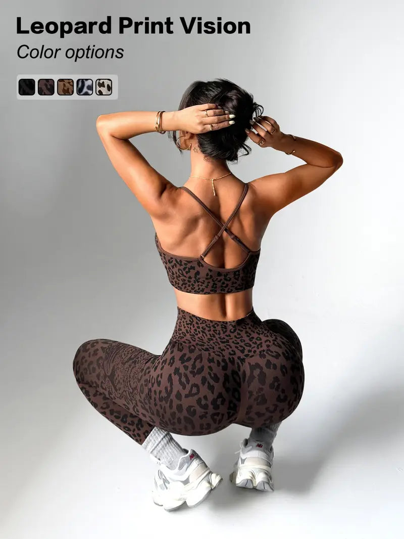 Women'S Leopard Print Two-Piece Set, Sporty Suit, Adjustable Straps Backless Top + High Waist Tight Bottoms, Sporty Yoga Fitness