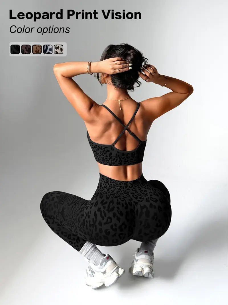 Women'S Leopard Print Two-Piece Set, Sporty Suit, Adjustable Straps Backless Top + High Waist Tight Bottoms, Sporty Yoga Fitness