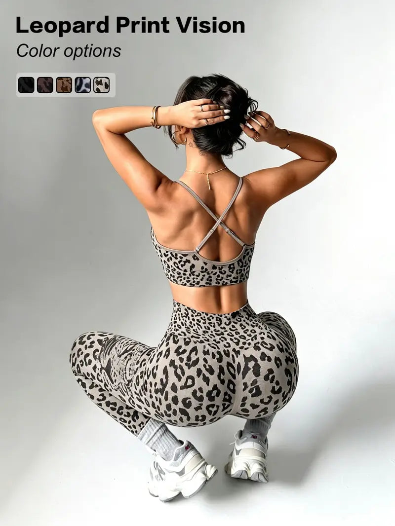 Women'S Leopard Print Two-Piece Set, Sporty Suit, Adjustable Straps Backless Top + High Waist Tight Bottoms, Sporty Yoga Fitness