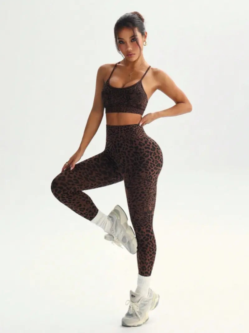 Women'S Leopard Print Two-Piece Set, Sporty Suit, Adjustable Straps Backless Top + High Waist Tight Bottoms, Sporty Yoga Fitness
