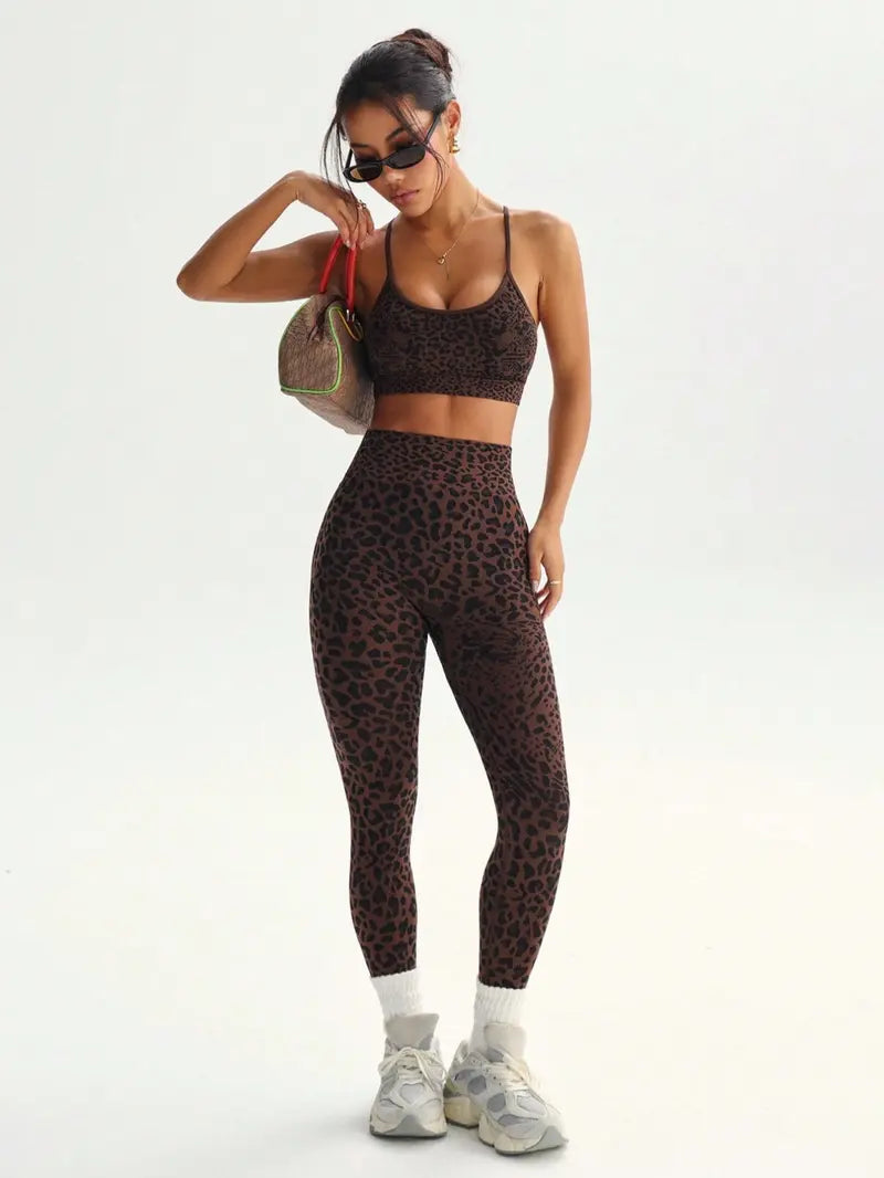 Women'S Leopard Print Two-Piece Set, Sporty Suit, Adjustable Straps Backless Top + High Waist Tight Bottoms, Sporty Yoga Fitness