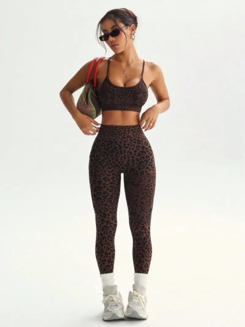 Women'S Leopard Print Two-Piece Set, Sporty Suit, Adjustable Straps Backless Top + High Waist Tight Bottoms, Sporty Yoga Fitness