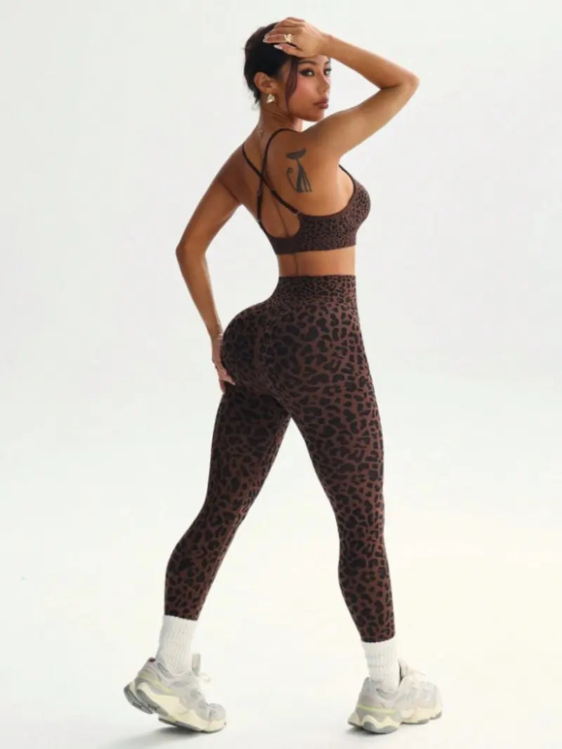 Women'S Leopard Print Two-Piece Set, Sporty Suit, Adjustable Straps Backless Top + High Waist Tight Bottoms, Sporty Yoga Fitness